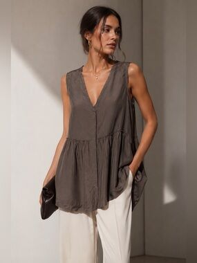 Madison Marcus 100% Silk Sleeveless Tunic Top Taupe Brown Size M